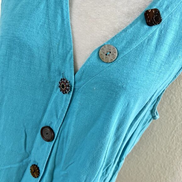 Soft Surroundings Sz Medium Teal Blue Tunic Dress Sleeveless Beaded Button Up - Picture 5 of 14